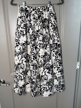 Cara Cara Black White Floral Cotton High Waist Wide Leg Pants Smocked Pocket XS